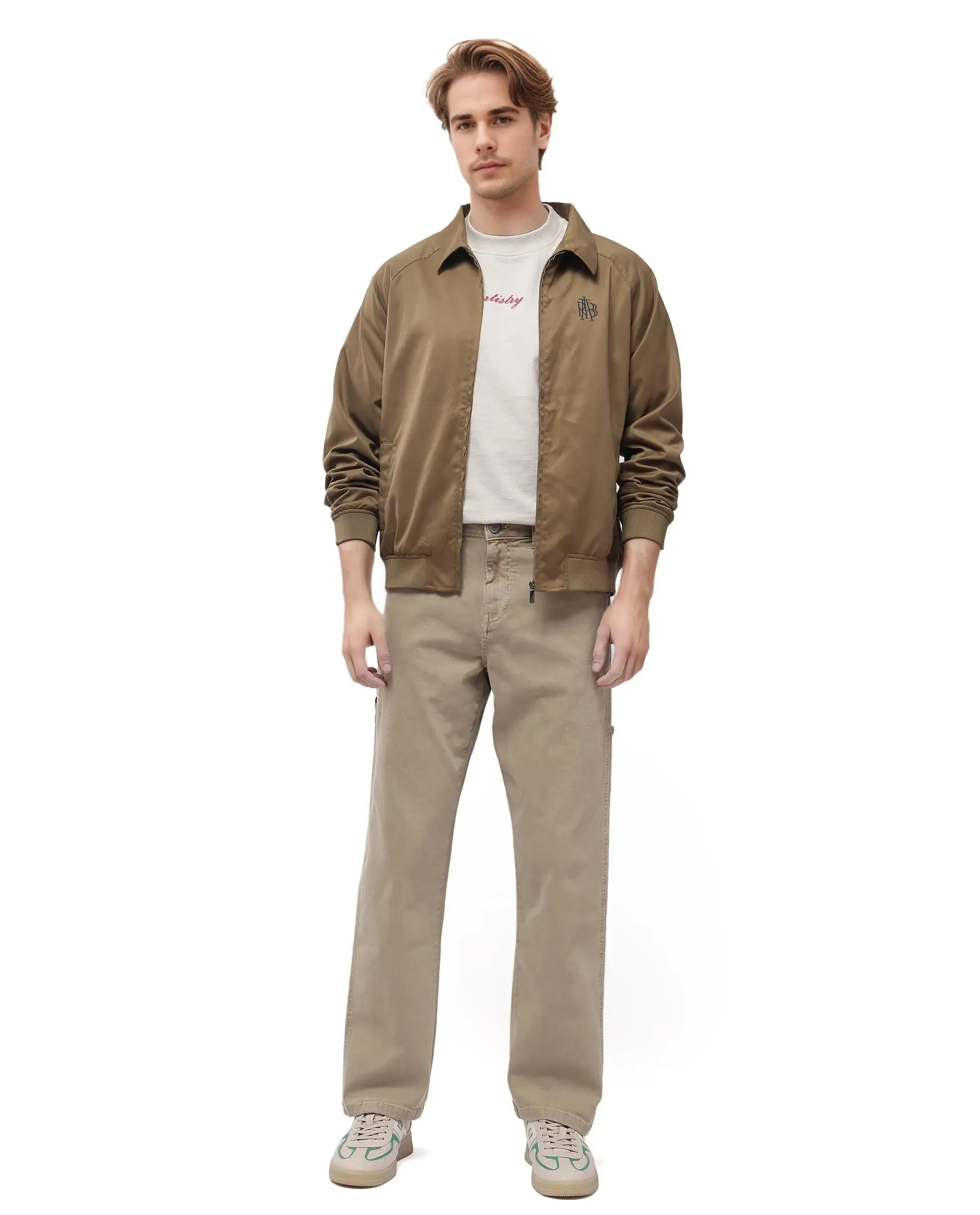 Rare Rabbit Men Arni Khaki Cotton Viscose Garment Dyed Fabric Carpenter Fit Plain Denim Pant
