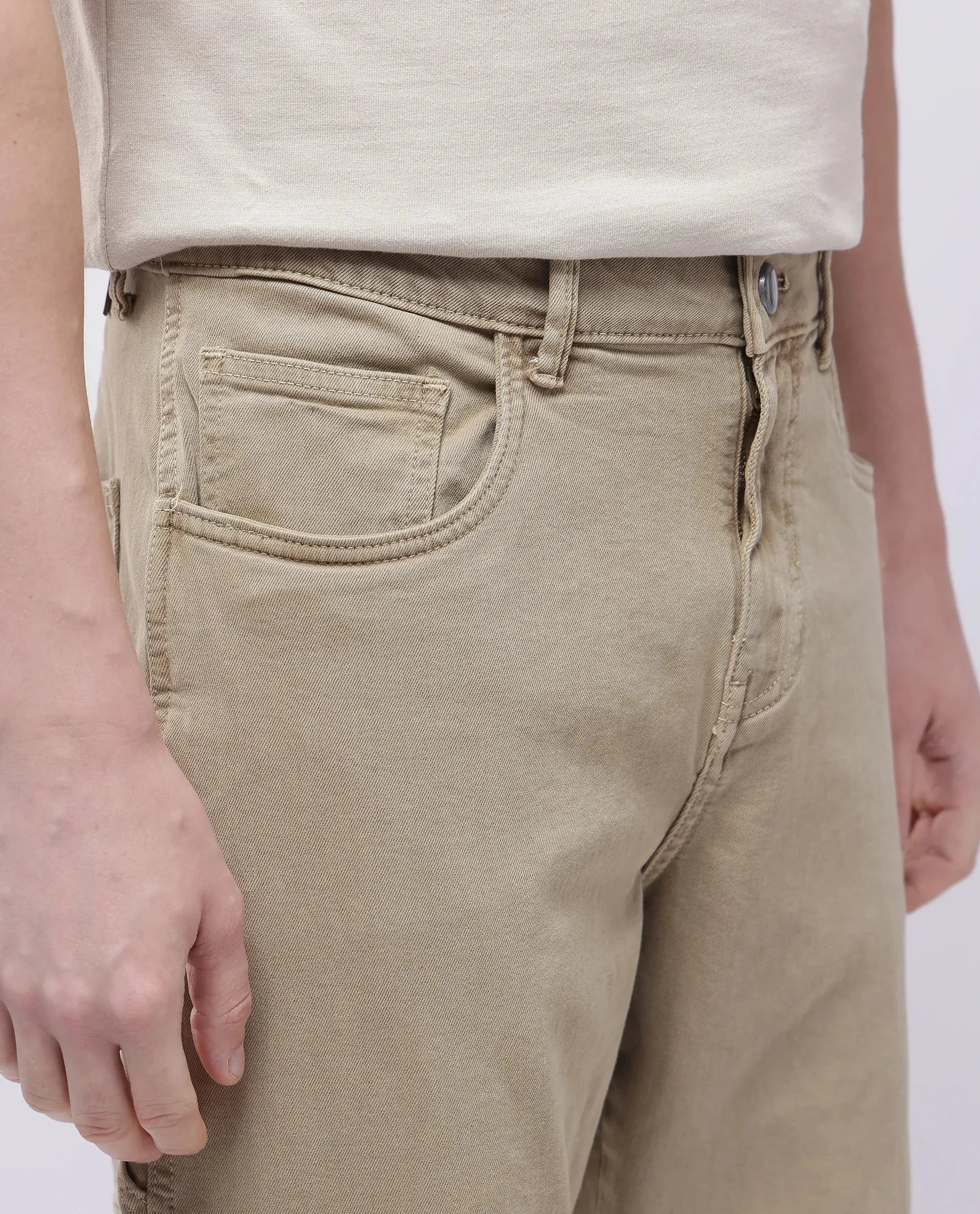 Rare Rabbit Men Arni Khaki Cotton Viscose Garment Dyed Fabric Carpenter Fit Plain Denim Pant