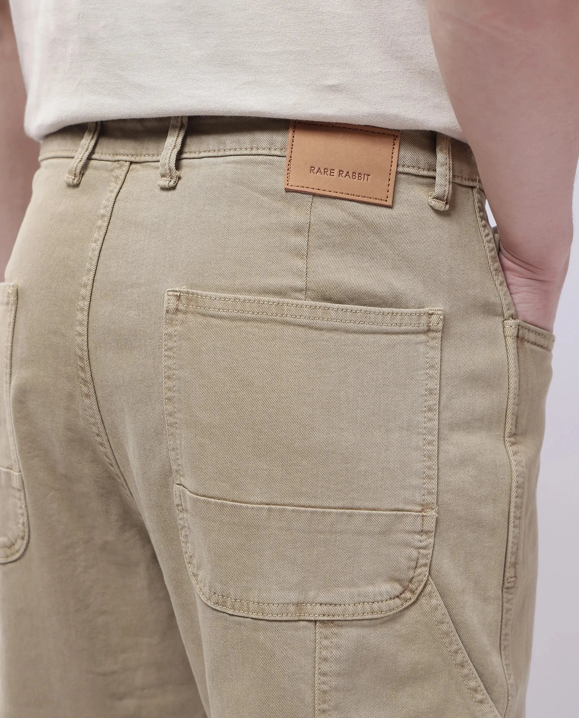 Rare Rabbit Men Arni Khaki Cotton Viscose Garment Dyed Fabric Carpenter Fit Plain Denim Pant
