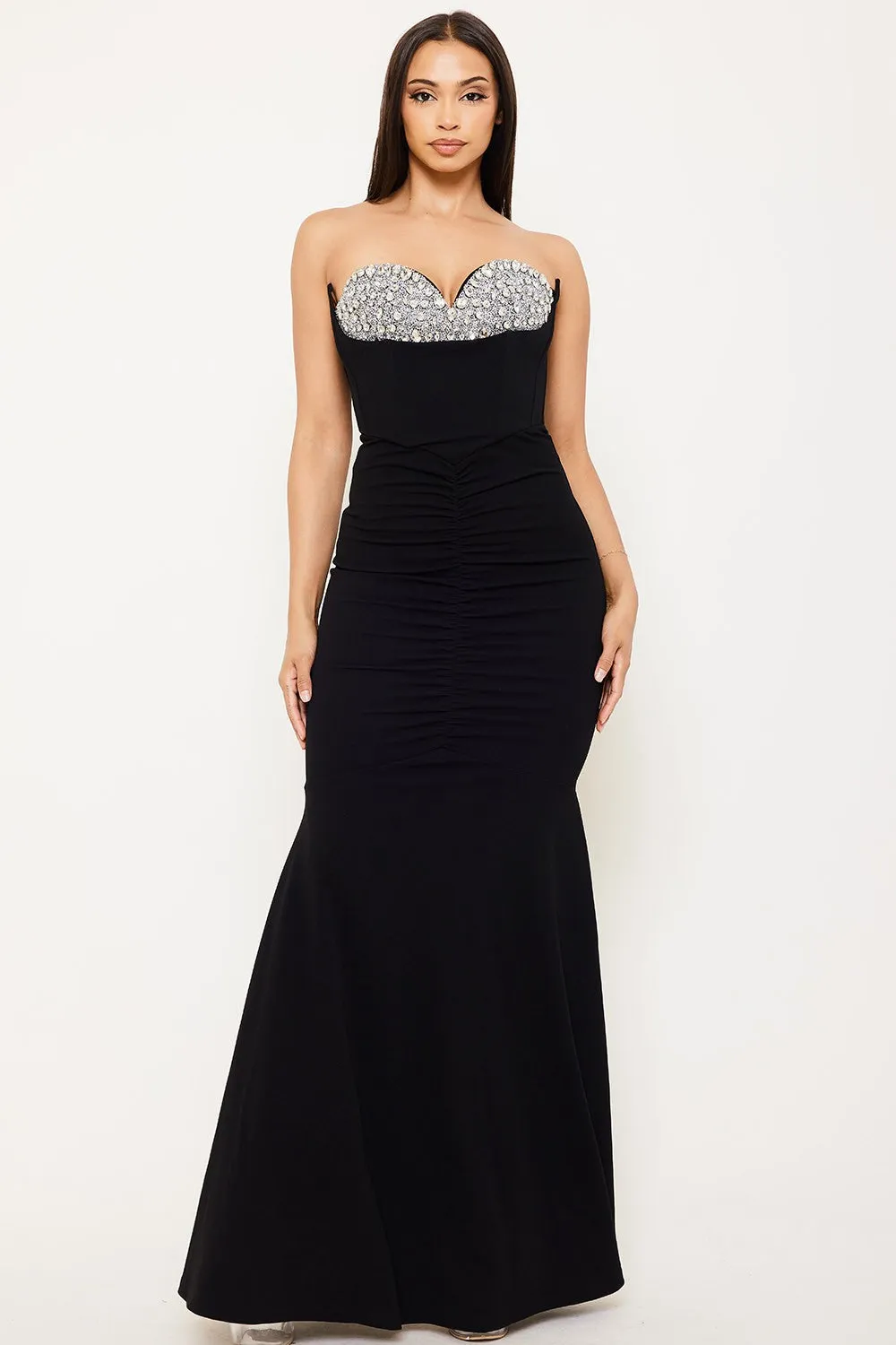 rhinestone encrusted bust strapless mermaid maxi dress