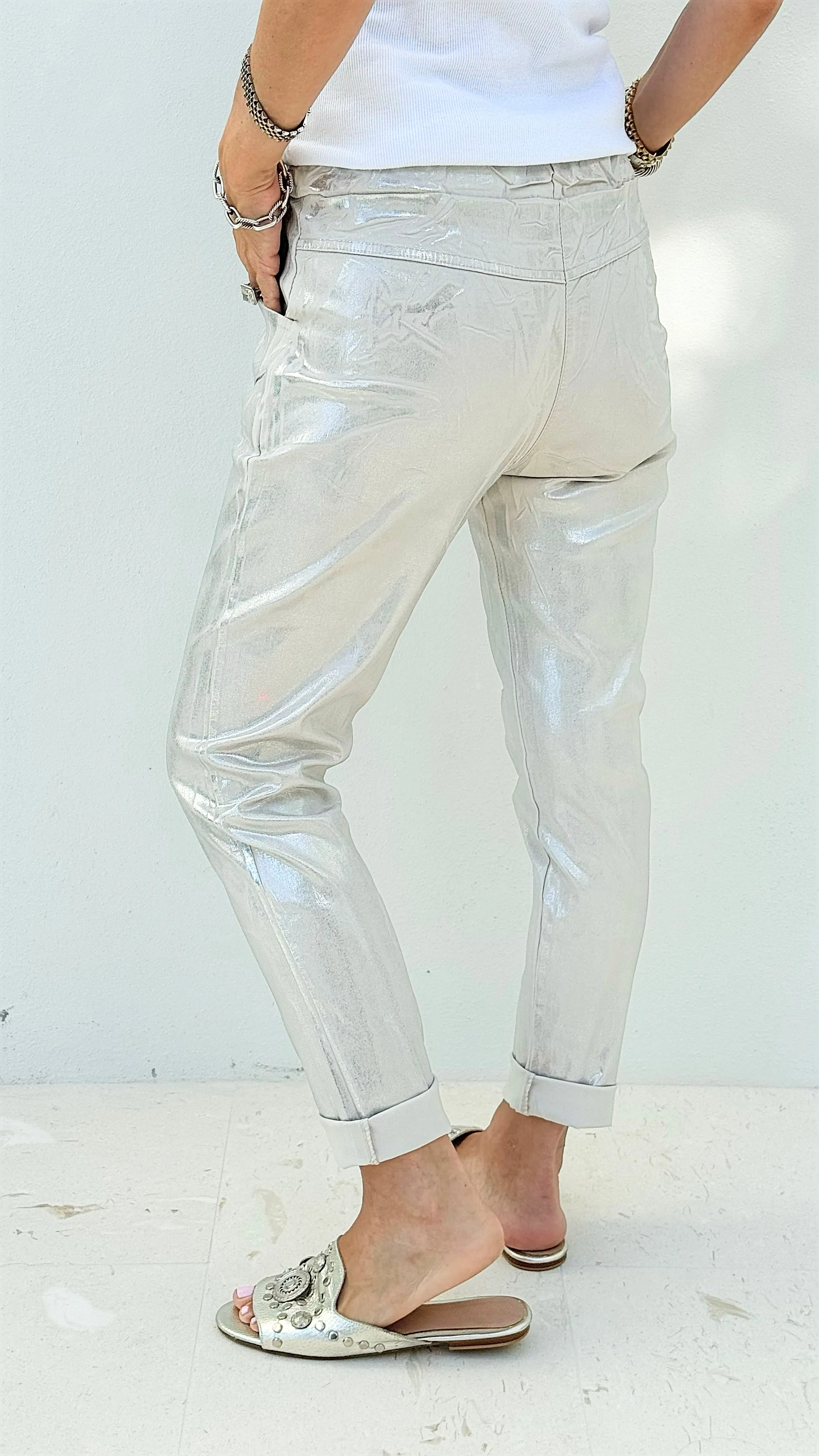 Shine-On Glistening Italian Joggers - Ecru/ Silver