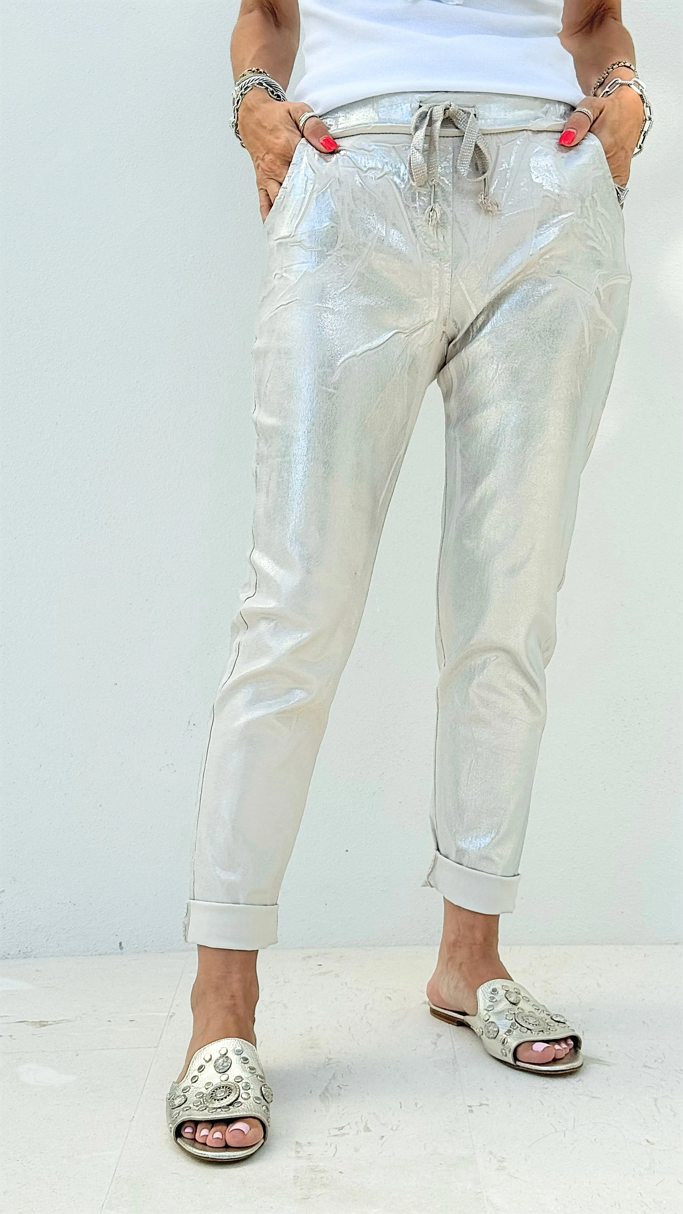 Shine-On Glistening Italian Joggers - Ecru/ Silver