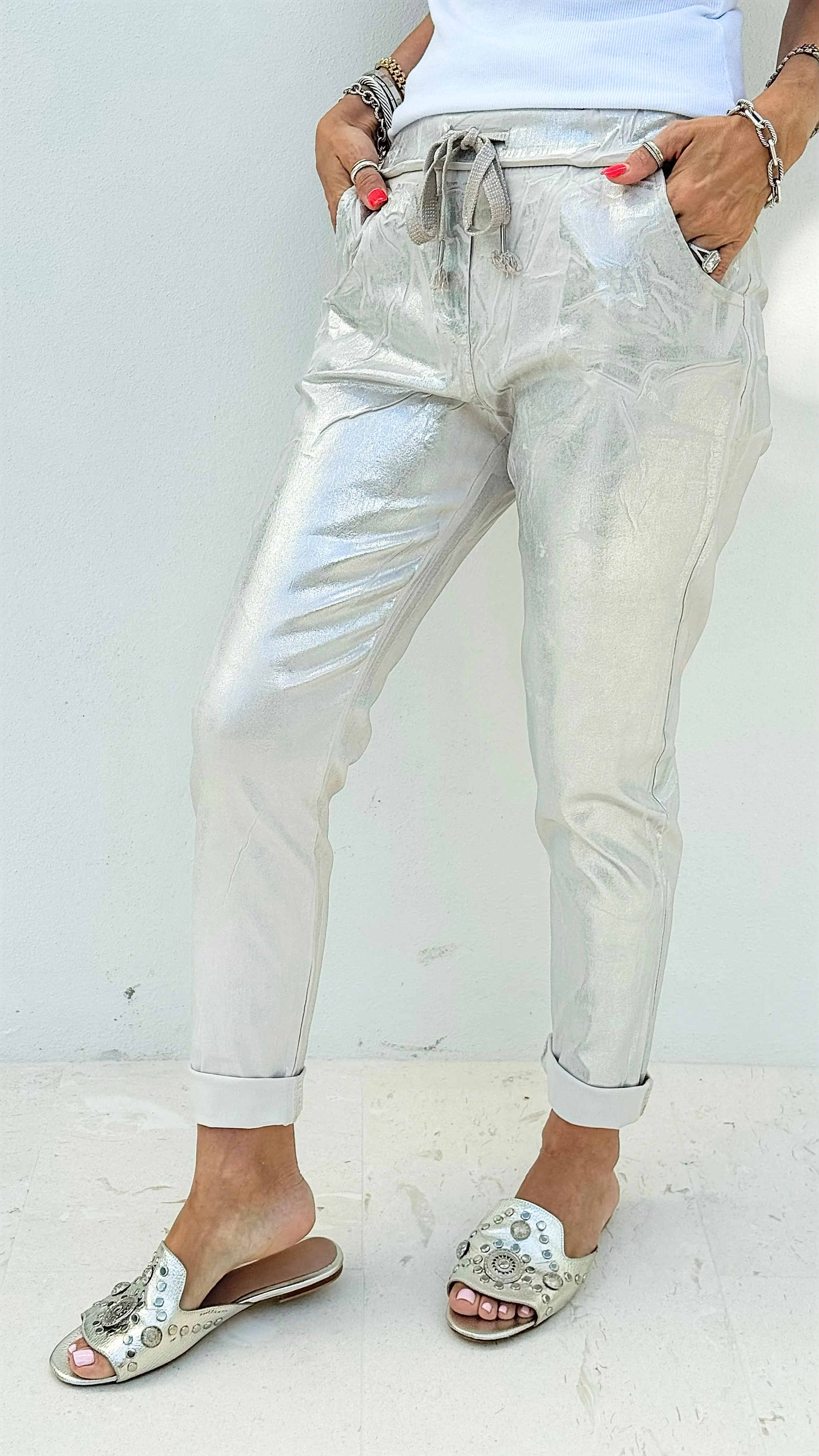 Shine-On Glistening Italian Joggers - Ecru/ Silver