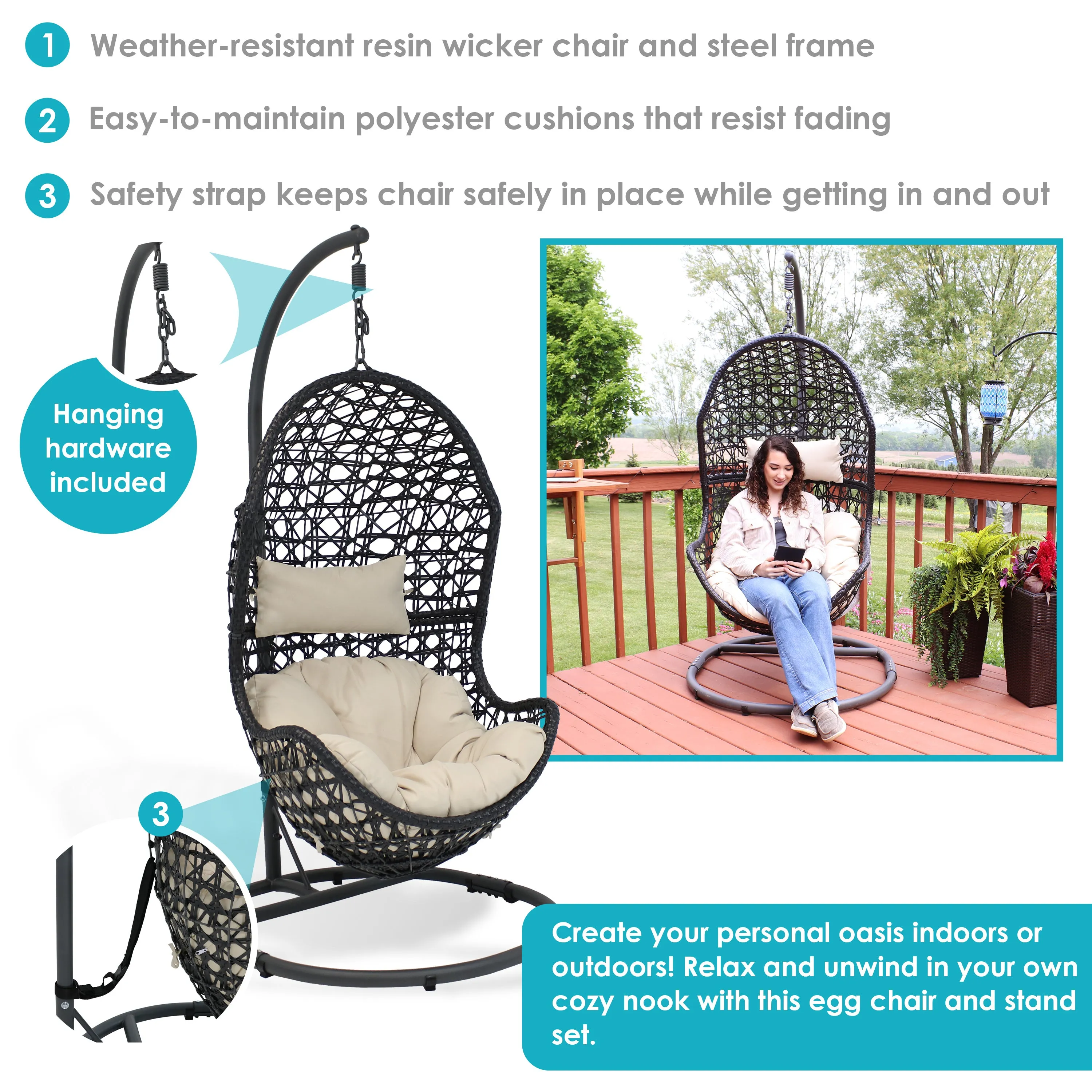 Sunnydaze Cordelia Hanging Egg Chair with Steel Stand and Cushion