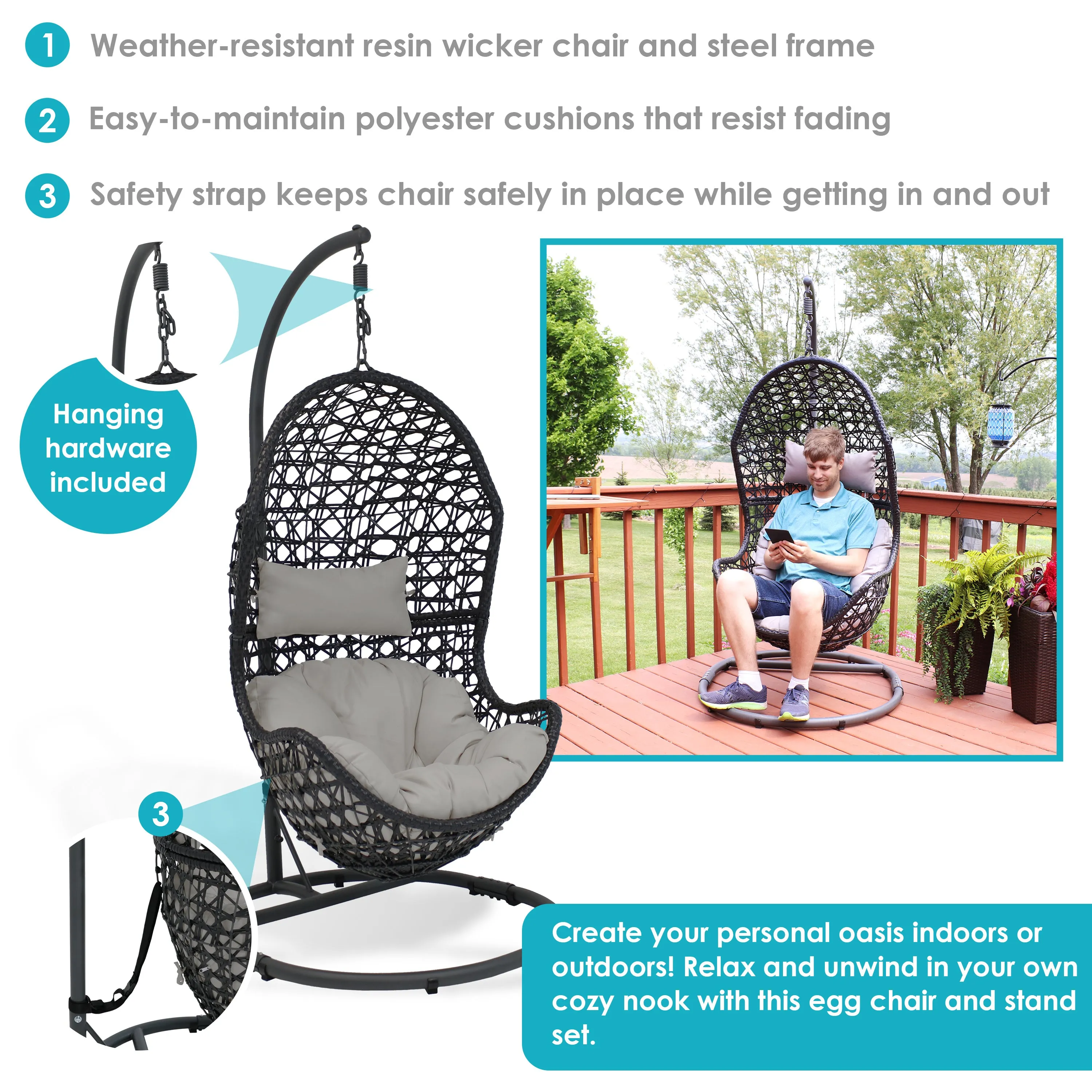 Sunnydaze Cordelia Hanging Egg Chair with Steel Stand and Cushion