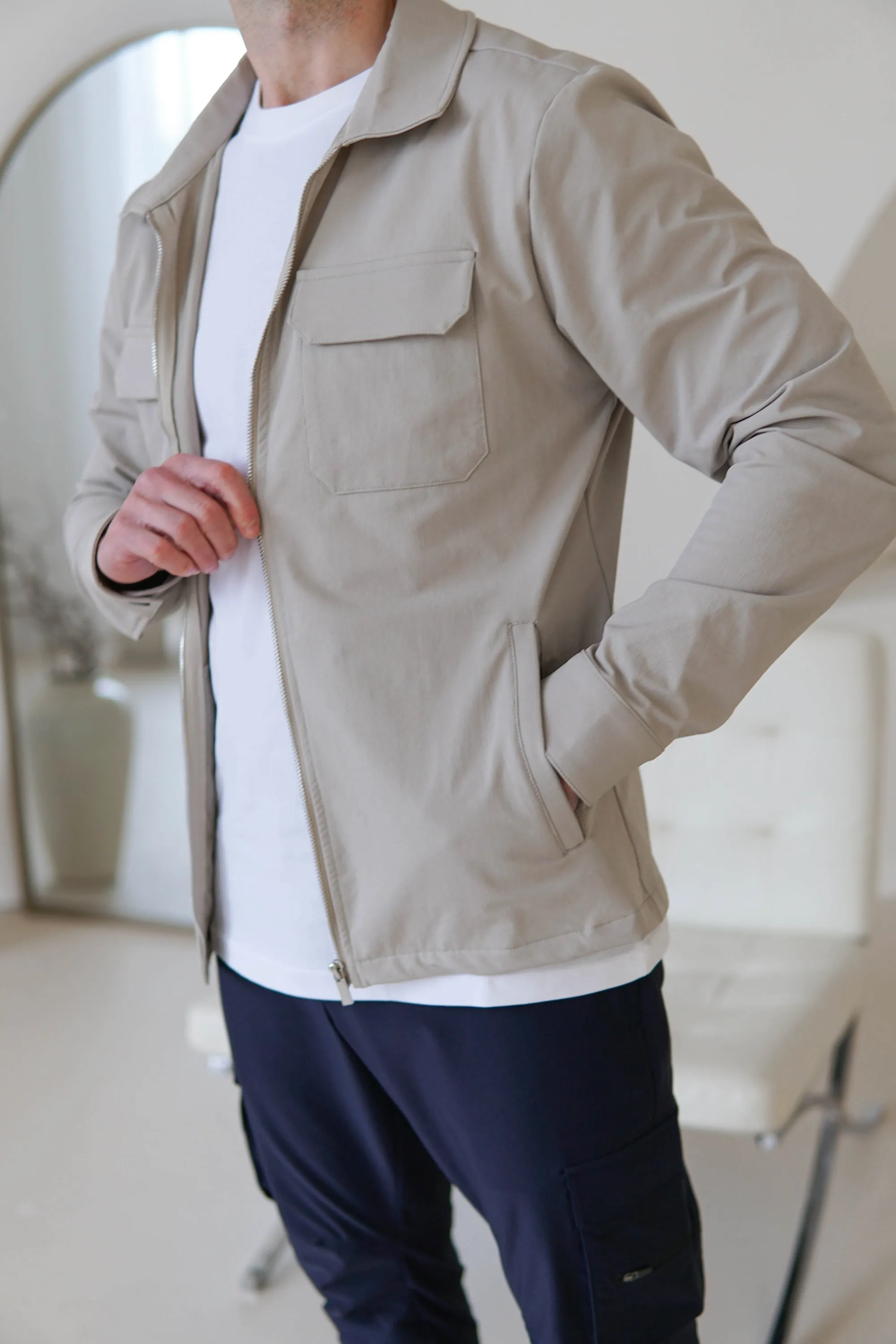 Tech Stretch Cargo Jacket In Stone