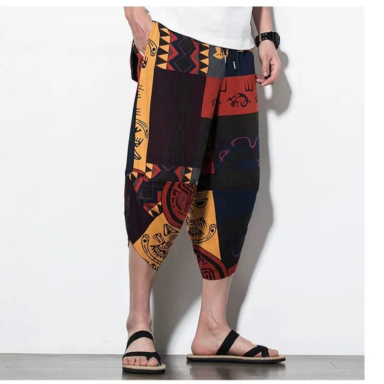 Tribal Ethnic Print Drawstring Cropped Pants