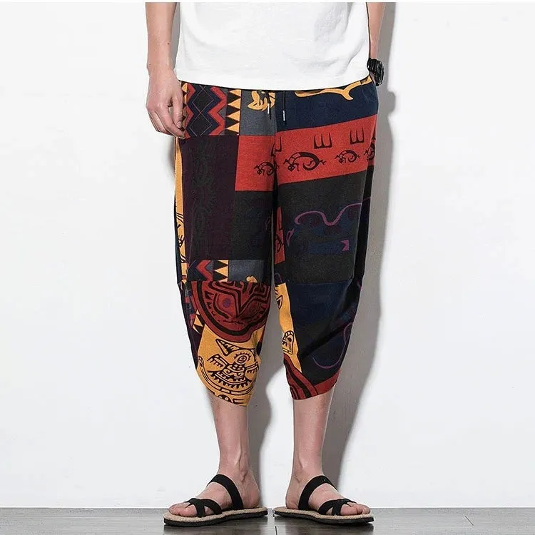 Tribal Ethnic Print Drawstring Cropped Pants