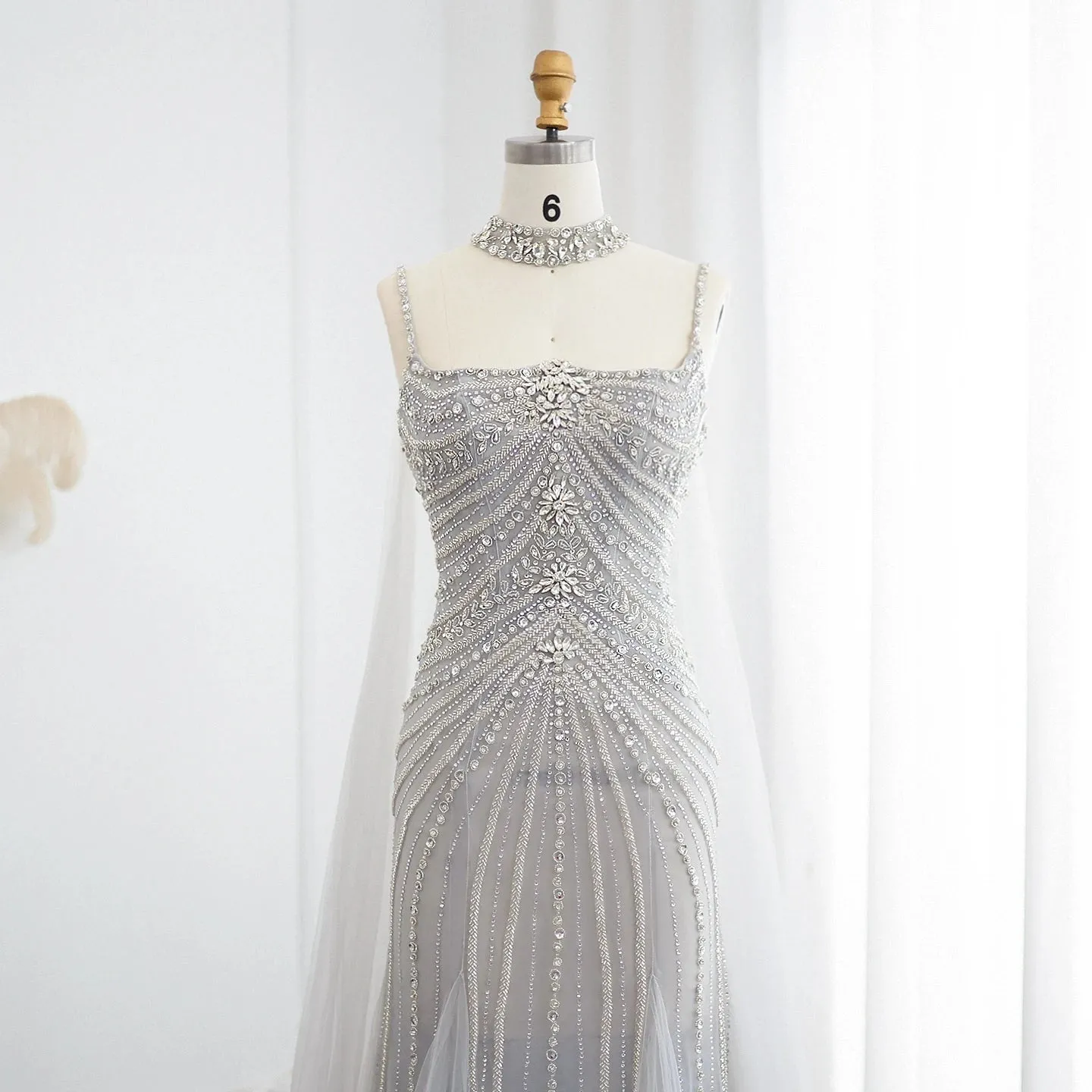 Tulle Mermaid Chockers Cape Gowns