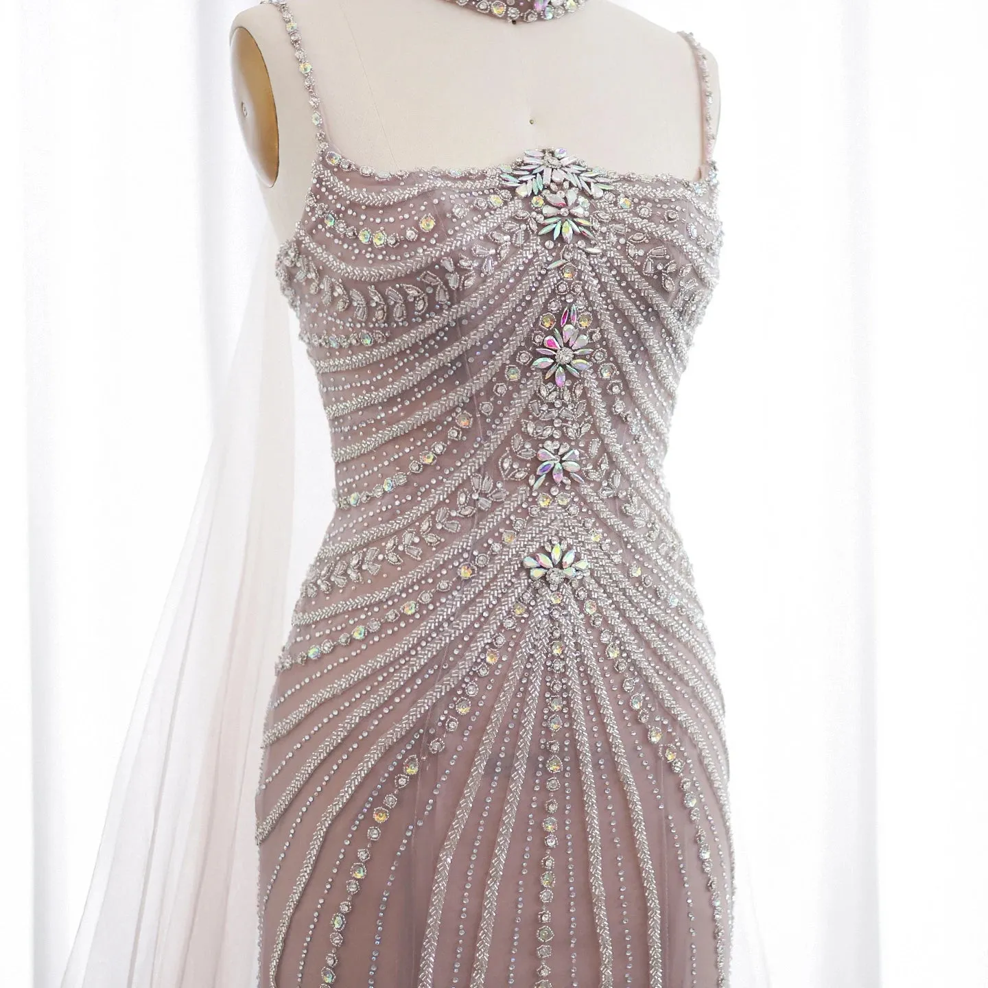 Tulle Mermaid Chockers Cape Gowns