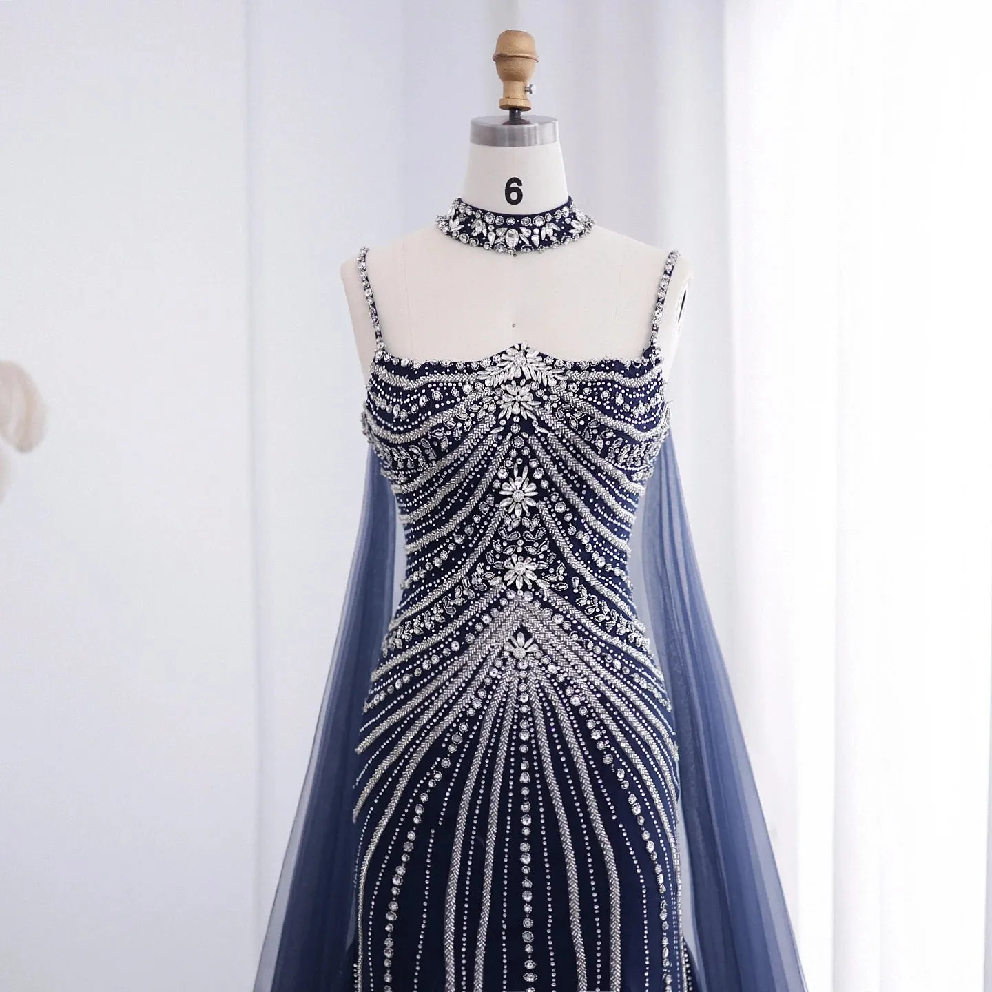 Tulle Mermaid Chockers Cape Gowns