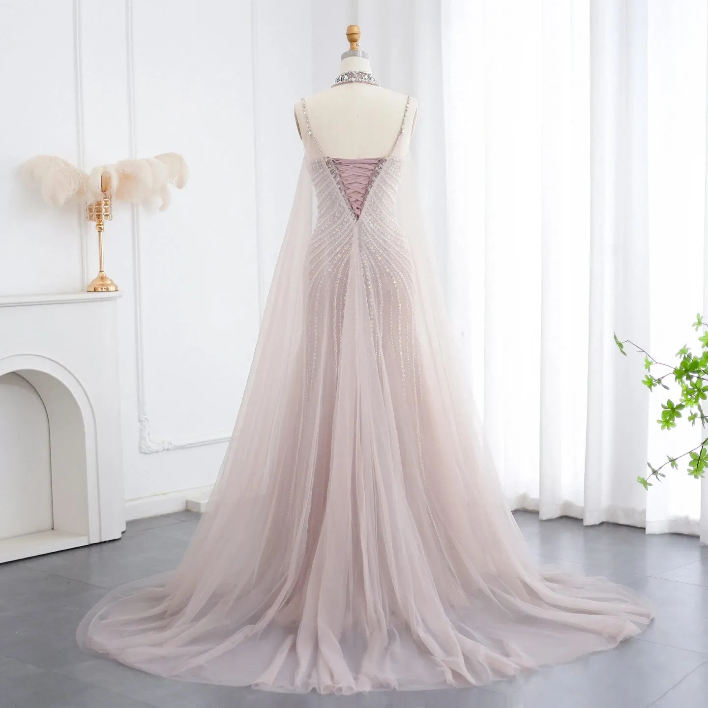 Tulle Mermaid Chockers Cape Gowns