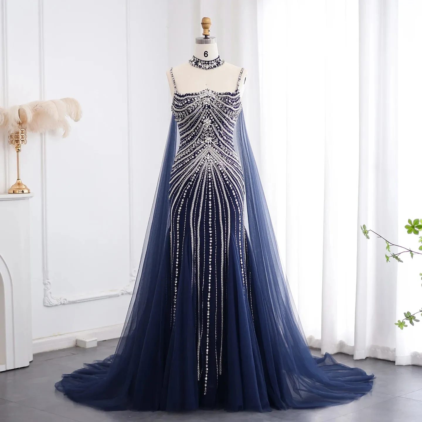 Tulle Mermaid Chockers Cape Gowns