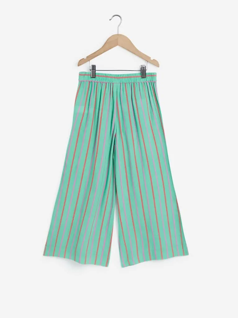 Utsa Kids Sea Green Striped Palazzos