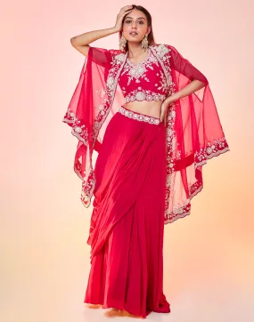 Varsity Pink Draped Draped Fusion Set With Cape Sleeves And Embroidered In Ivory