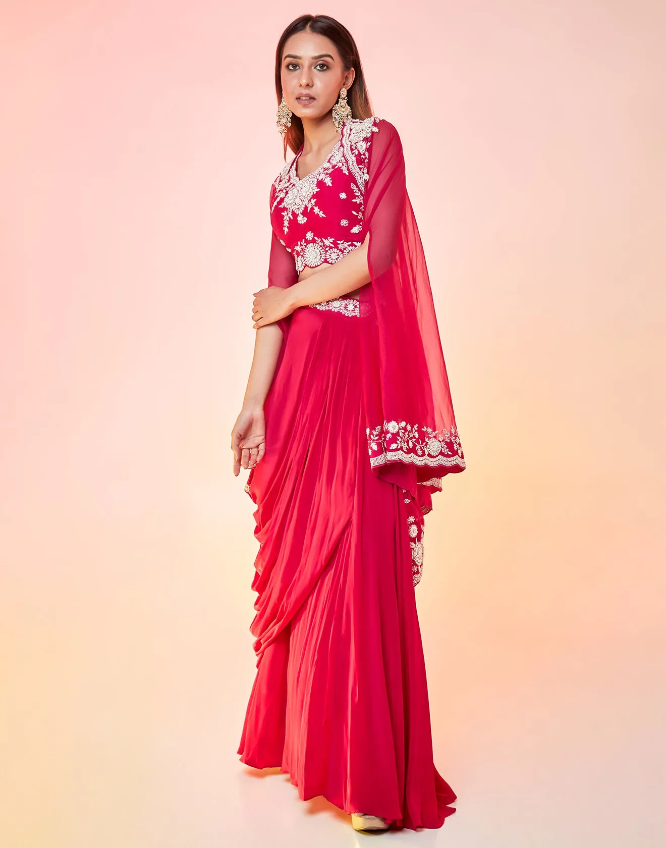 Varsity Pink Draped Draped Fusion Set With Cape Sleeves And Embroidered In Ivory