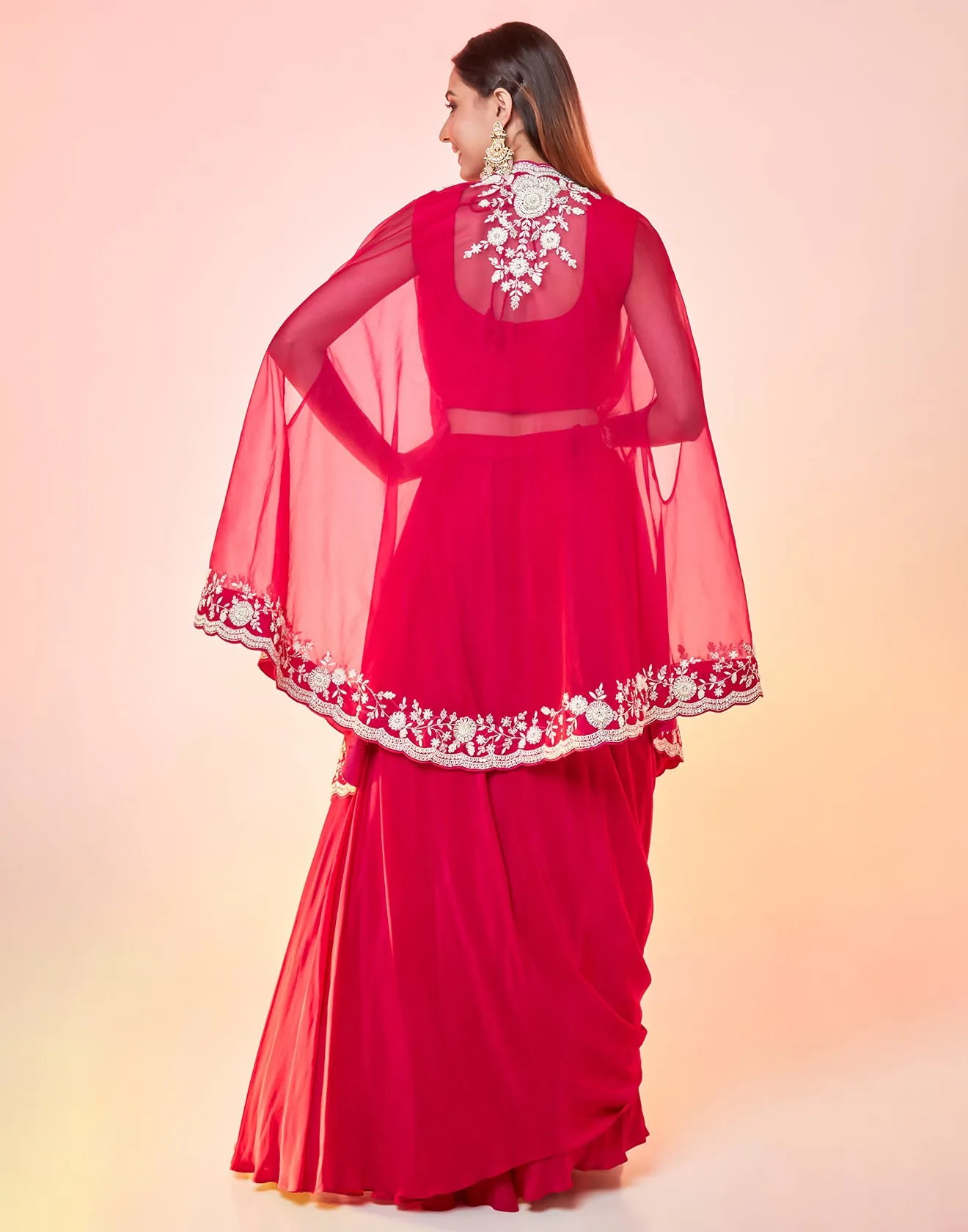 Varsity Pink Draped Draped Fusion Set With Cape Sleeves And Embroidered In Ivory