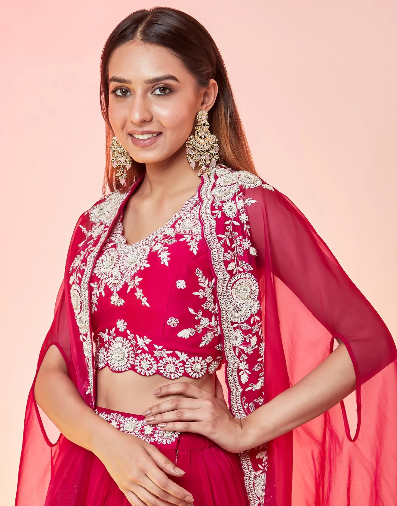 Varsity Pink Draped Draped Fusion Set With Cape Sleeves And Embroidered In Ivory