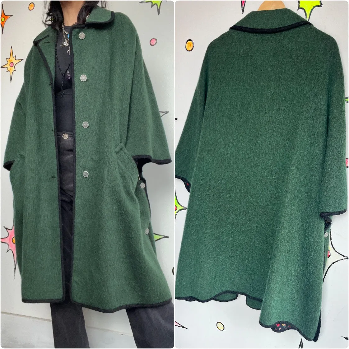 Vintage | Green Loden King Wool Heavy Warm Cape Coat | Size 44 Fits All