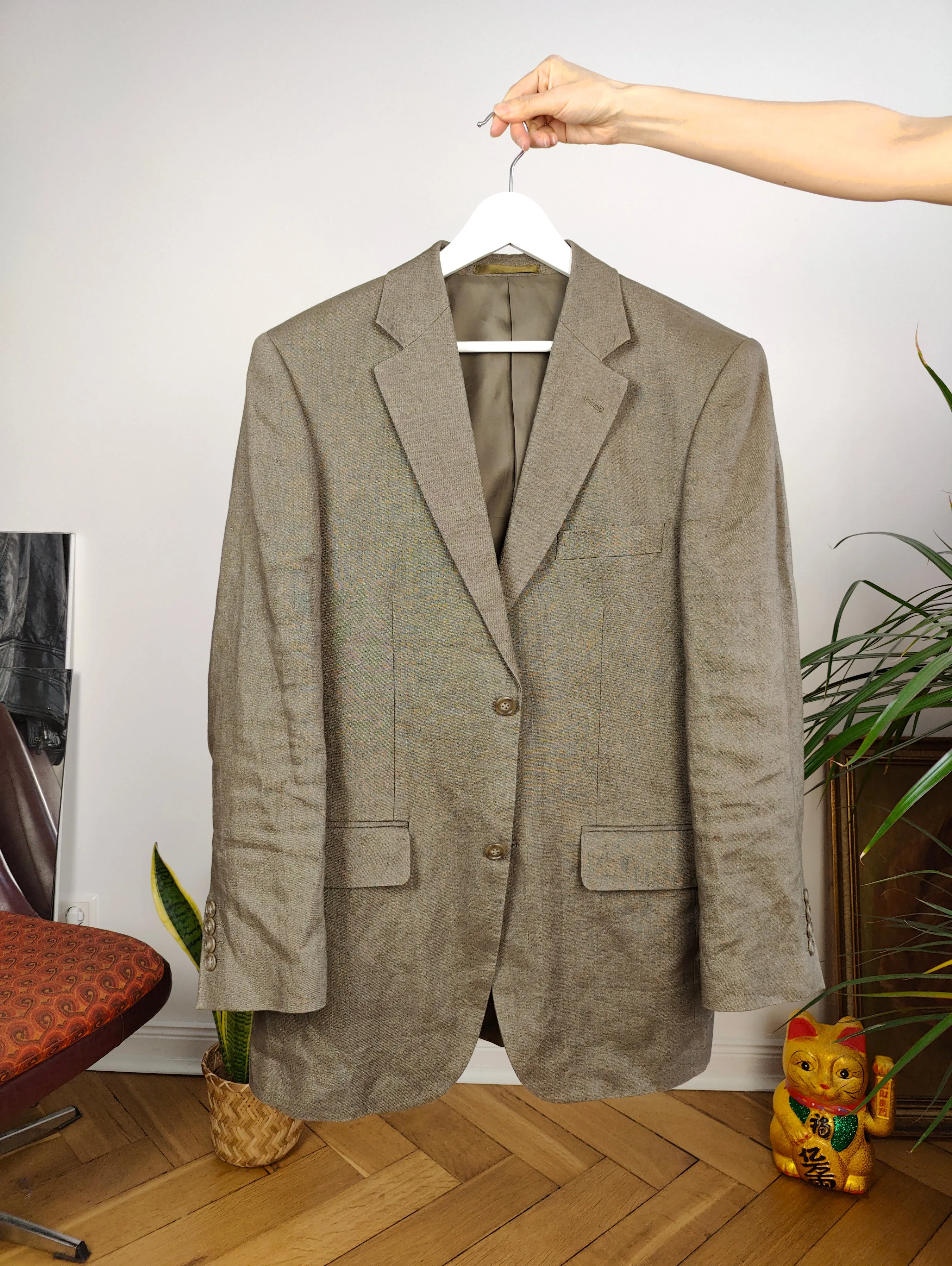 Vintage linen blazer beige brown jacket women unisex men 46 M