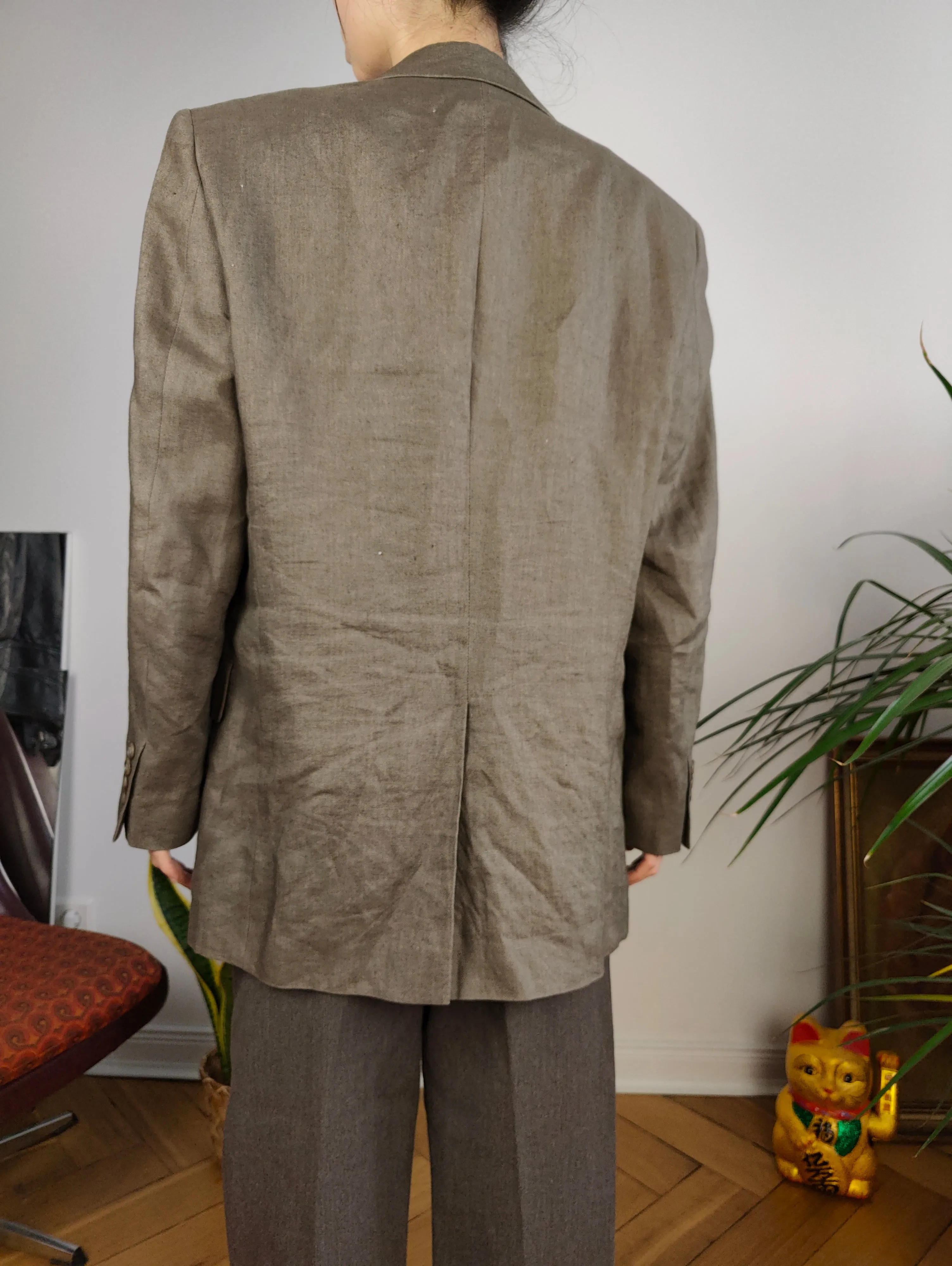 Vintage linen blazer beige brown jacket women unisex men 46 M