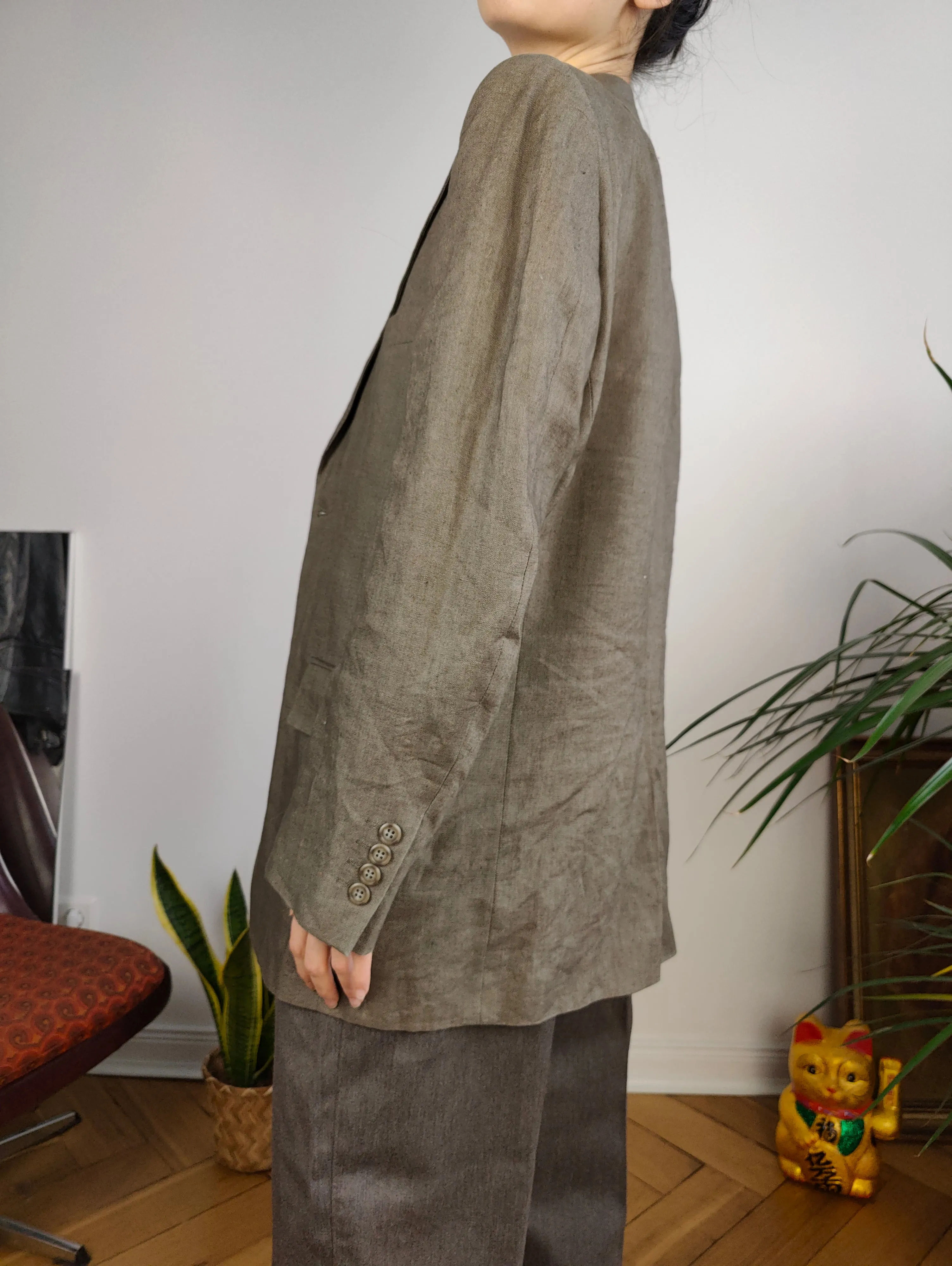 Vintage linen blazer beige brown jacket women unisex men 46 M