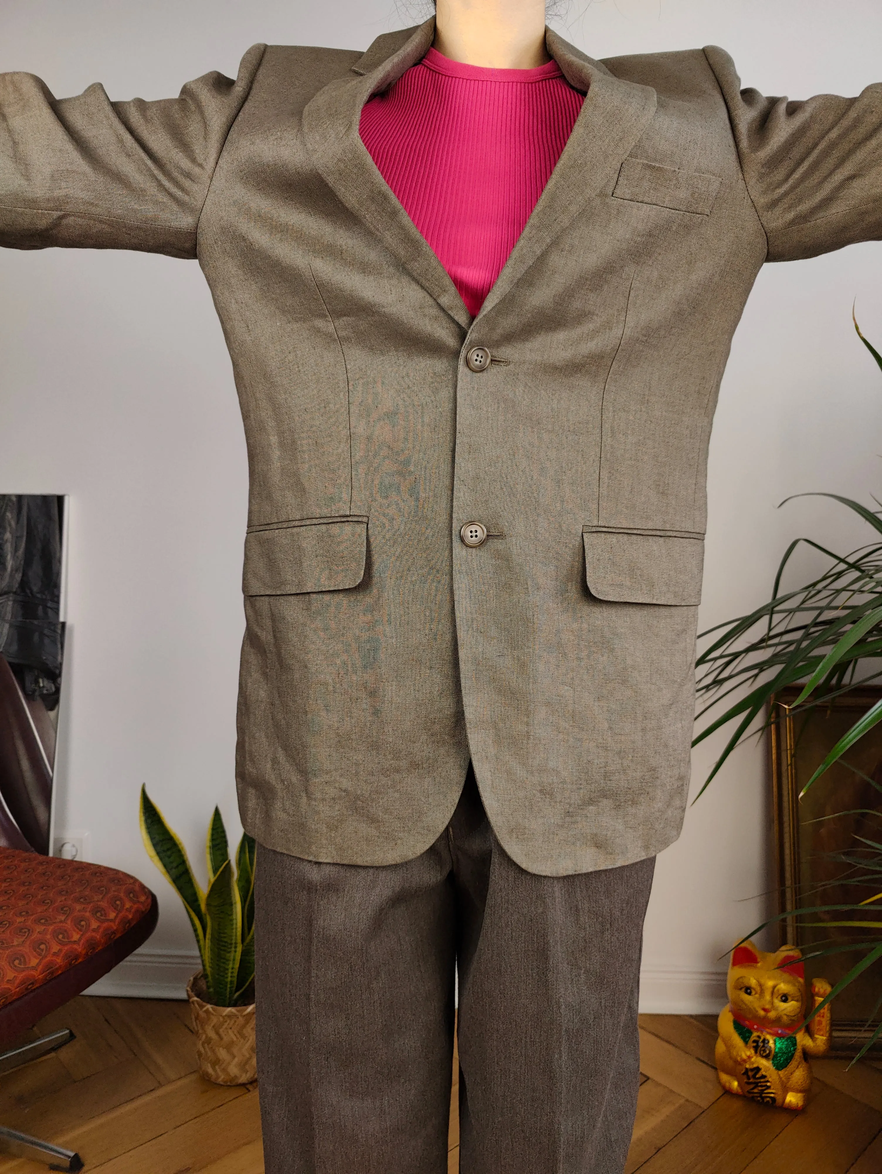 Vintage linen blazer beige brown jacket women unisex men 46 M