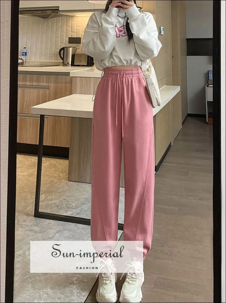Women High Waist Oversize Leg Loose Joggers Sweatpants Trousers With Elastic Ankle Detail