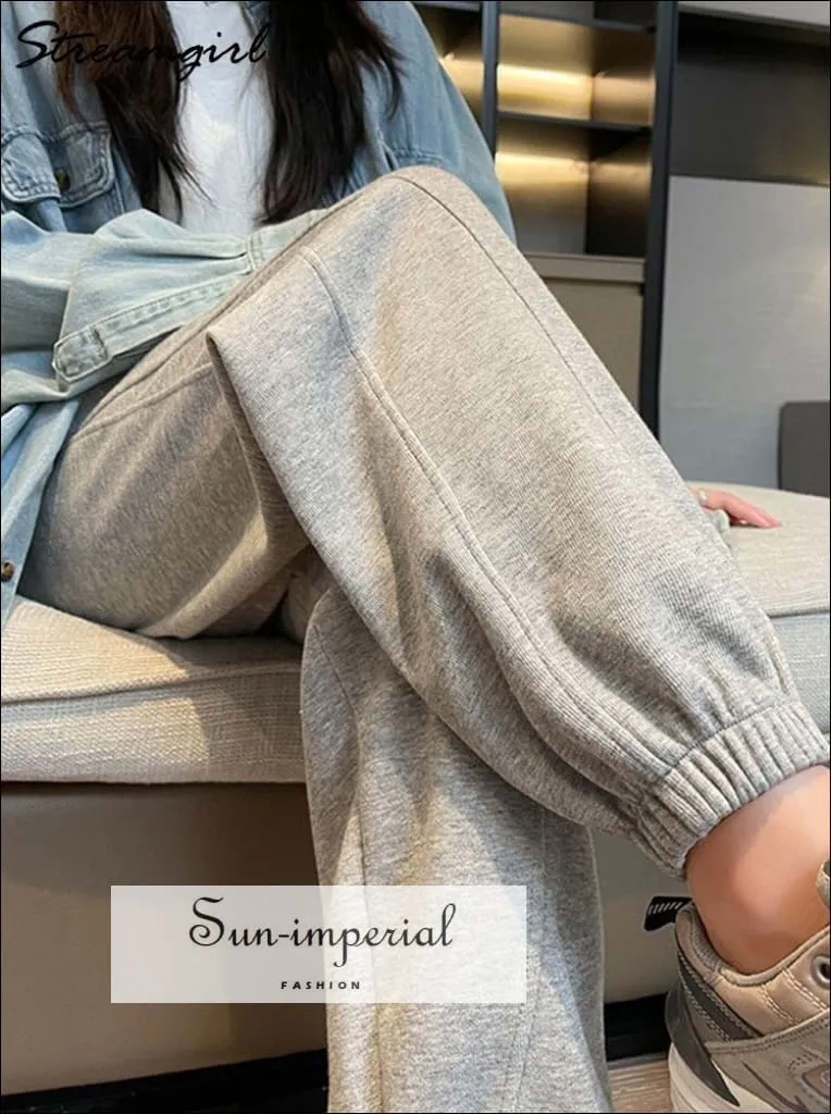 Women High Waist Oversize Leg Loose Joggers Sweatpants Trousers With Elastic Ankle Detail