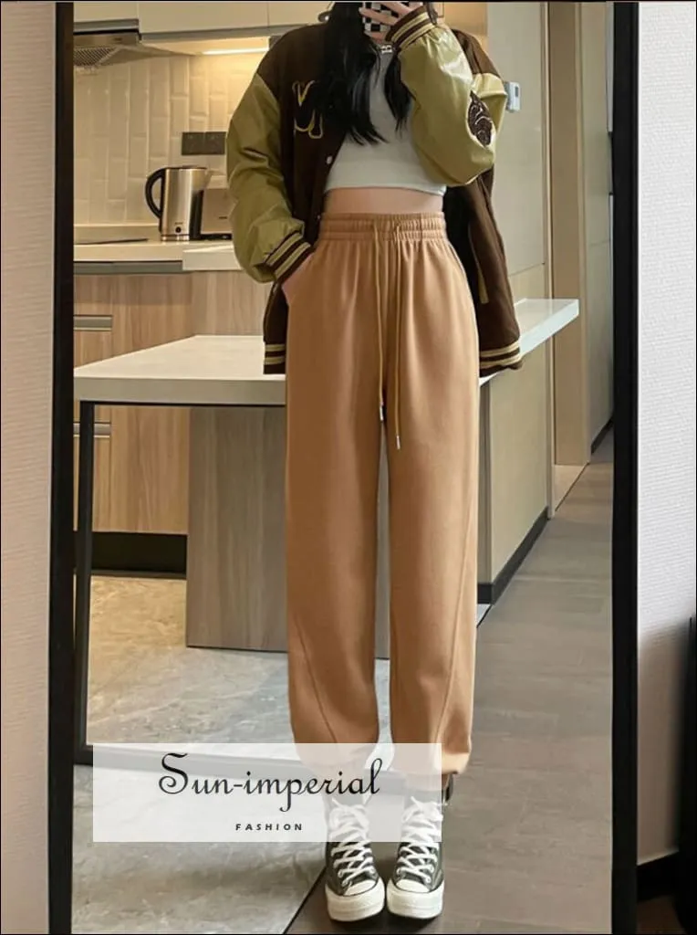 Women High Waist Oversize Leg Loose Joggers Sweatpants Trousers With Elastic Ankle Detail