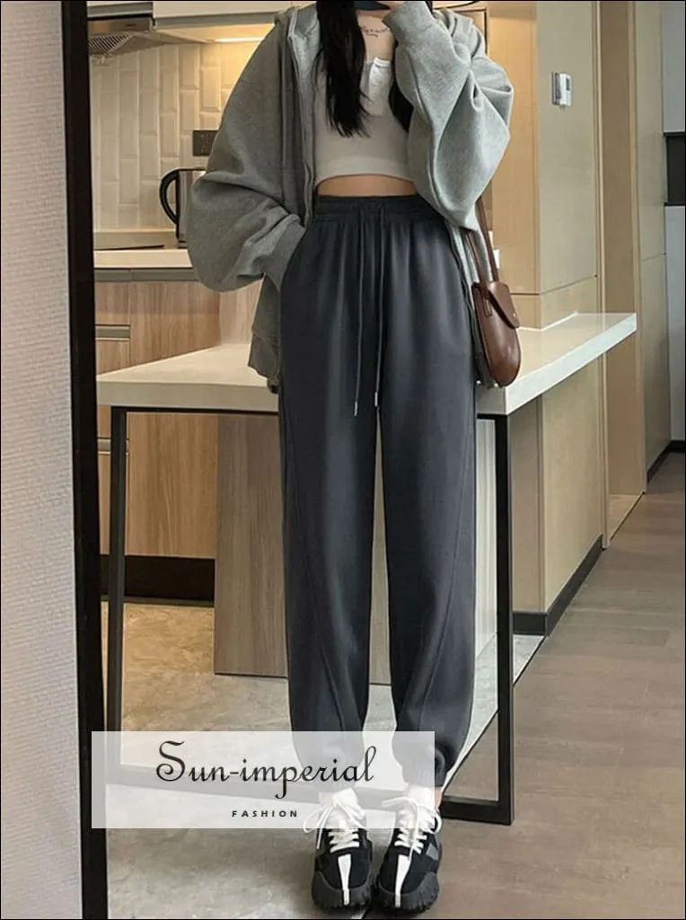 Women High Waist Oversize Leg Loose Joggers Sweatpants Trousers With Elastic Ankle Detail