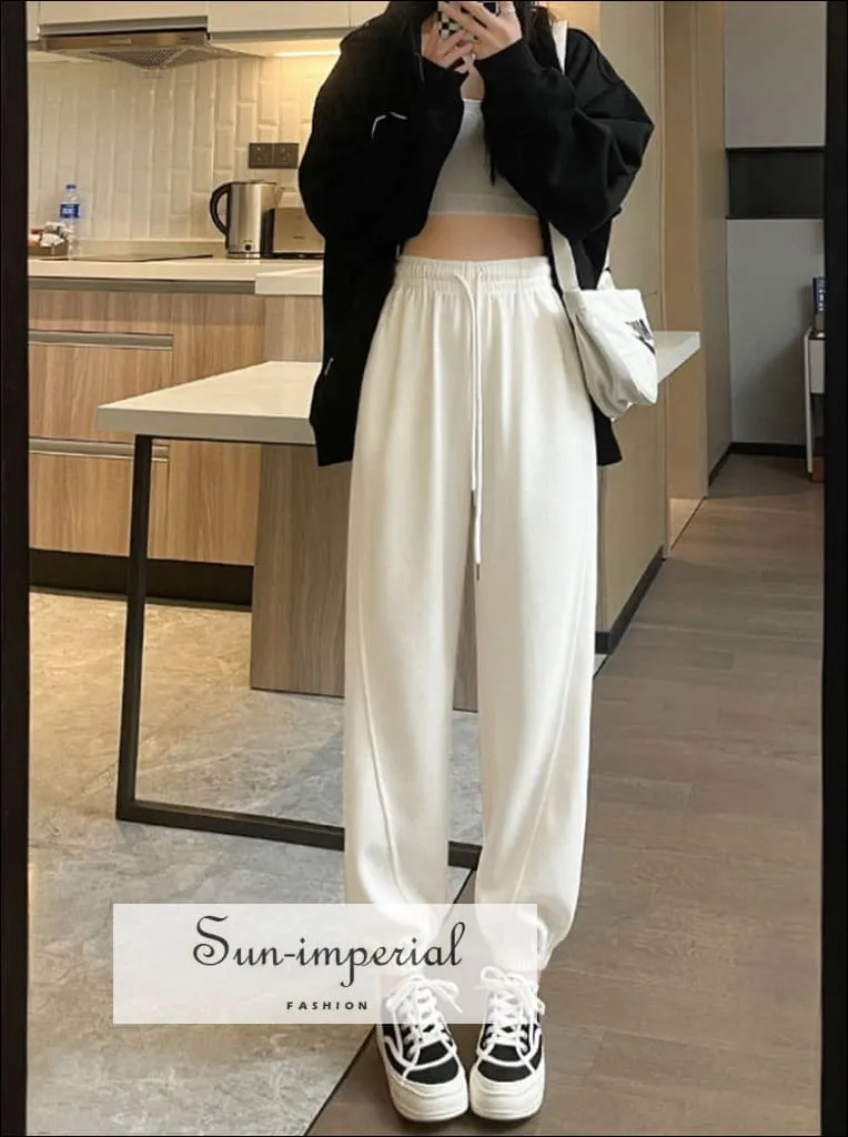 Women High Waist Oversize Leg Loose Joggers Sweatpants Trousers With Elastic Ankle Detail