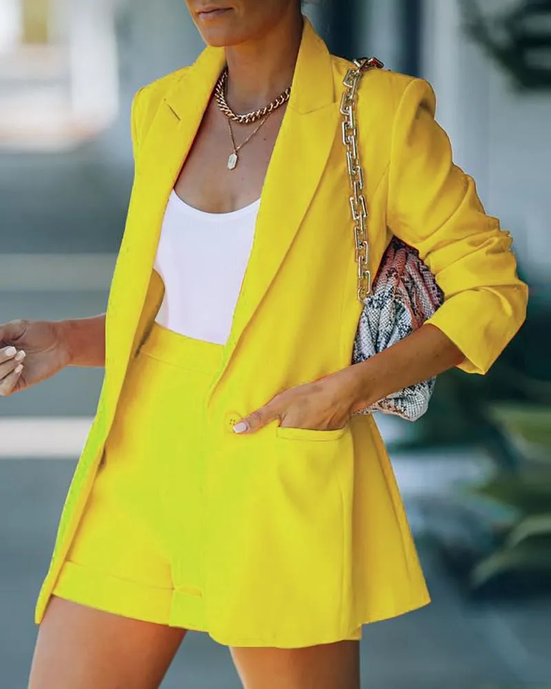 Women's Fashion Collar Open Front Blazer & Shorts Without Cami Top