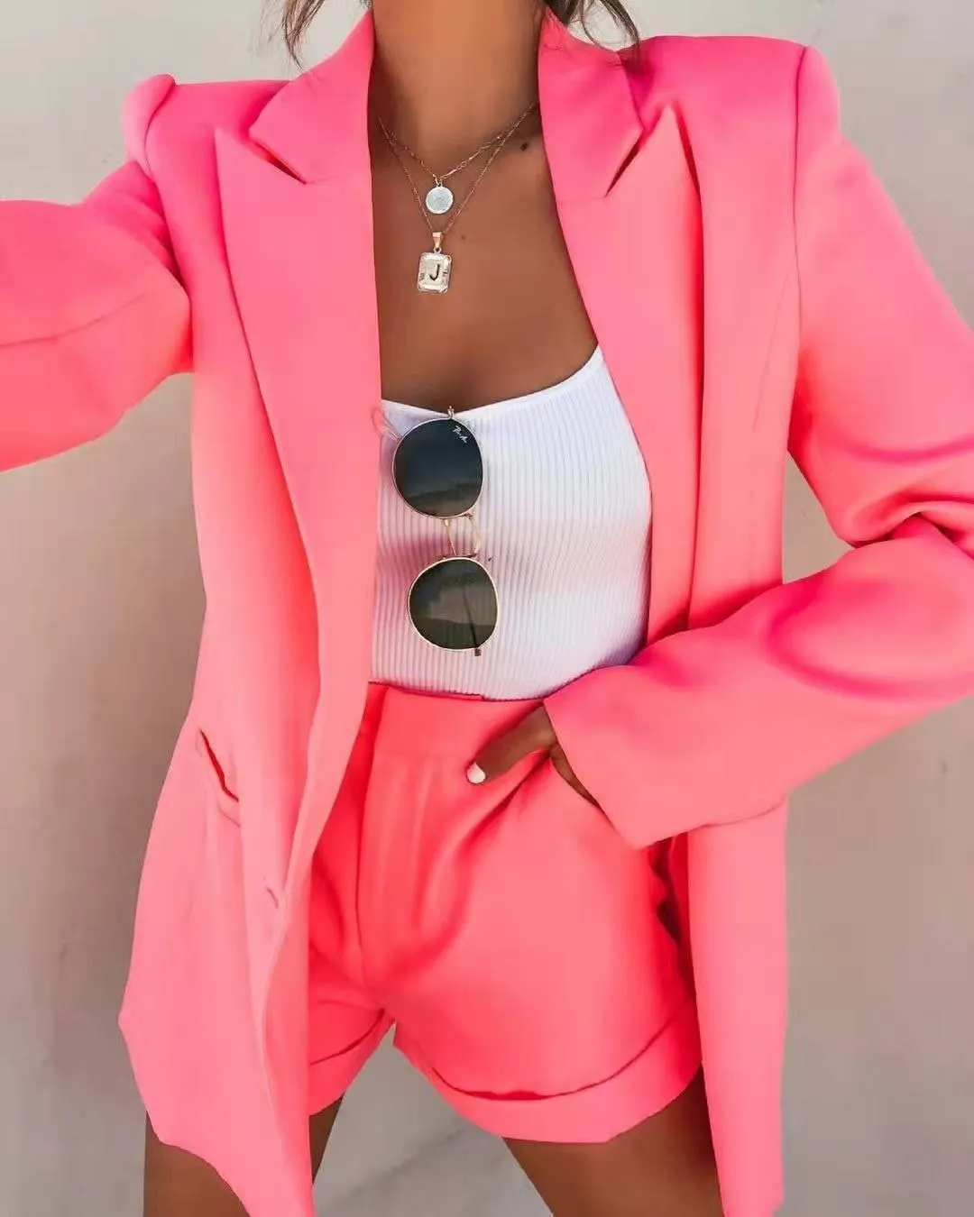 Women's Fashion Collar Open Front Blazer & Shorts Without Cami Top