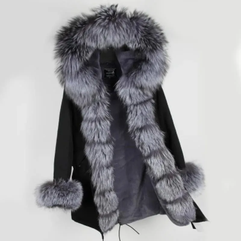 Women's Winter Casual Polyester Hooded Parka With Raccoon Fur