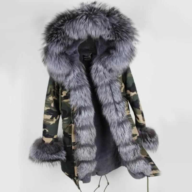 Women's Winter Casual Polyester Hooded Parka With Raccoon Fur