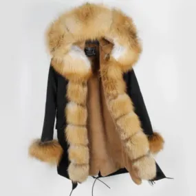 Women's Winter Casual Polyester Hooded Parka With Raccoon Fur